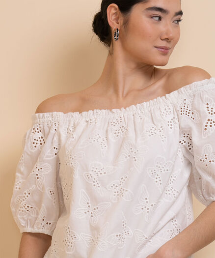 On/Off Shoulder Blouse with Puffed Sleeves, White