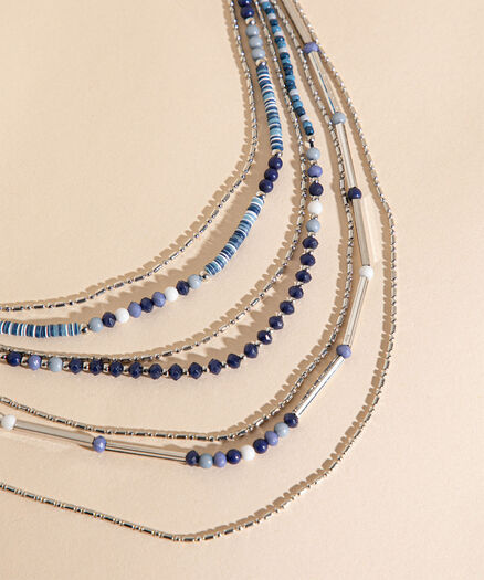 Layered Blue & Silver Beaded Necklace, Gld/Sil
