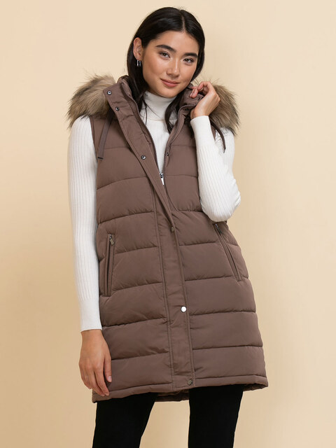 Carlyn Long Puffer Vest with Detachable Hood & Fur Trim