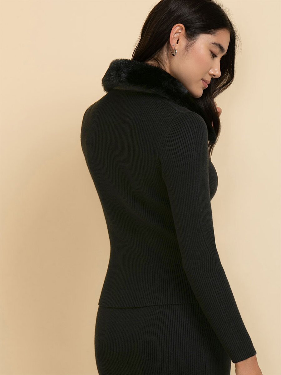 Fur Trim Zip-Front Sweater