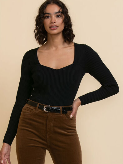 Sweetheart Neck Ribbed Sweater, Black Sweetheart Neck Ribbed Sweater, Black