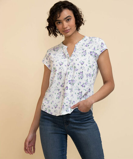 Extend Sleeve Henley Blouse, White/Purple Floral