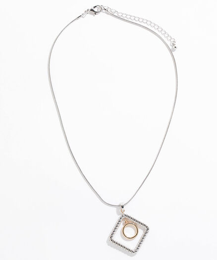 Short Necklace With Twisted Square & Circle Pendant, Gld/Sil