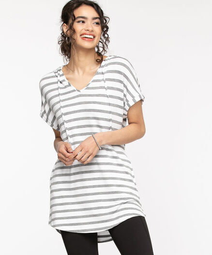 Short Sleeve Hooded Tunic Top, Grey/White Stripe