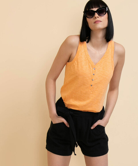 Sleeveless Henley Tee with Buttons