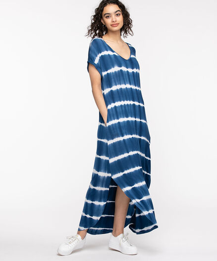 Pocketed T-Shirt Maxi Dress, Blue Tie-Dye Pocketed T-Shirt Maxi Dress, Blue Tie-Dye