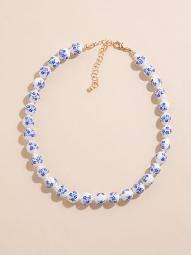 White & Blue Floral Beaded Necklace, Blue/Gold
