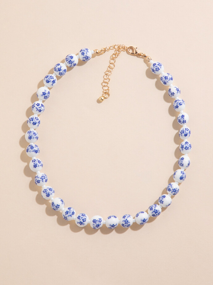 White & Blue Floral Beaded Necklace Image 1
