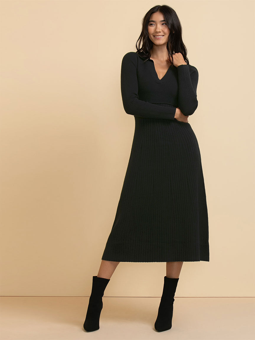 Polo Collar Ribbed Sweater Dress Rickis