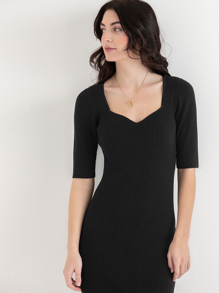 Rib Knit Dress with Sweetheart Neck