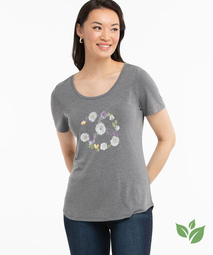 Eco-Friendly Scoop Neck Assorted Graphic Tee, Heather Grey/Floral Peace