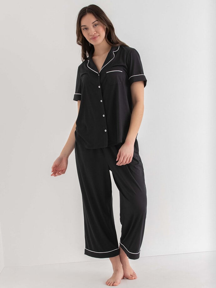 Short Sleeve Button Down Shirt with Crop Pant Sleep Set Image 3