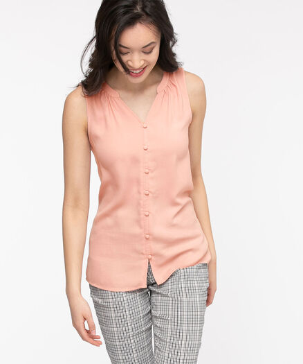Sleeveless Ruched Button Front Top, Pale Mauve