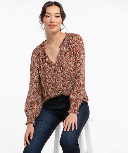 Smocked Cuff Tie Neck Blouse, Rust Floral