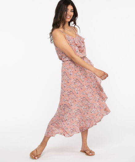 Ruffled Faux Wrap Midi Dress, Pink Floral Ruffled Faux Wrap Midi Dress, Pink Floral