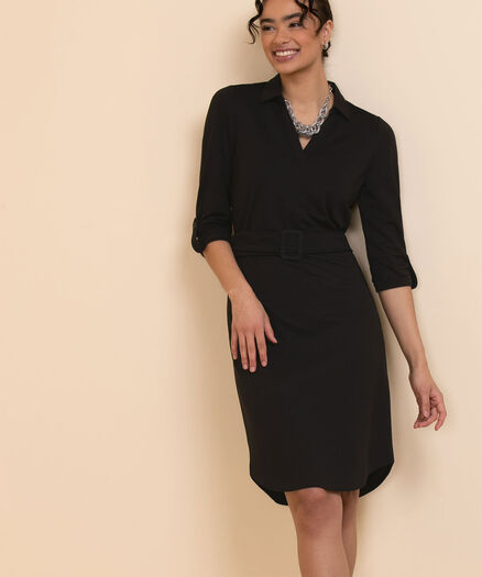 3/4 Sleeve Collared Dress with Belt, Black
