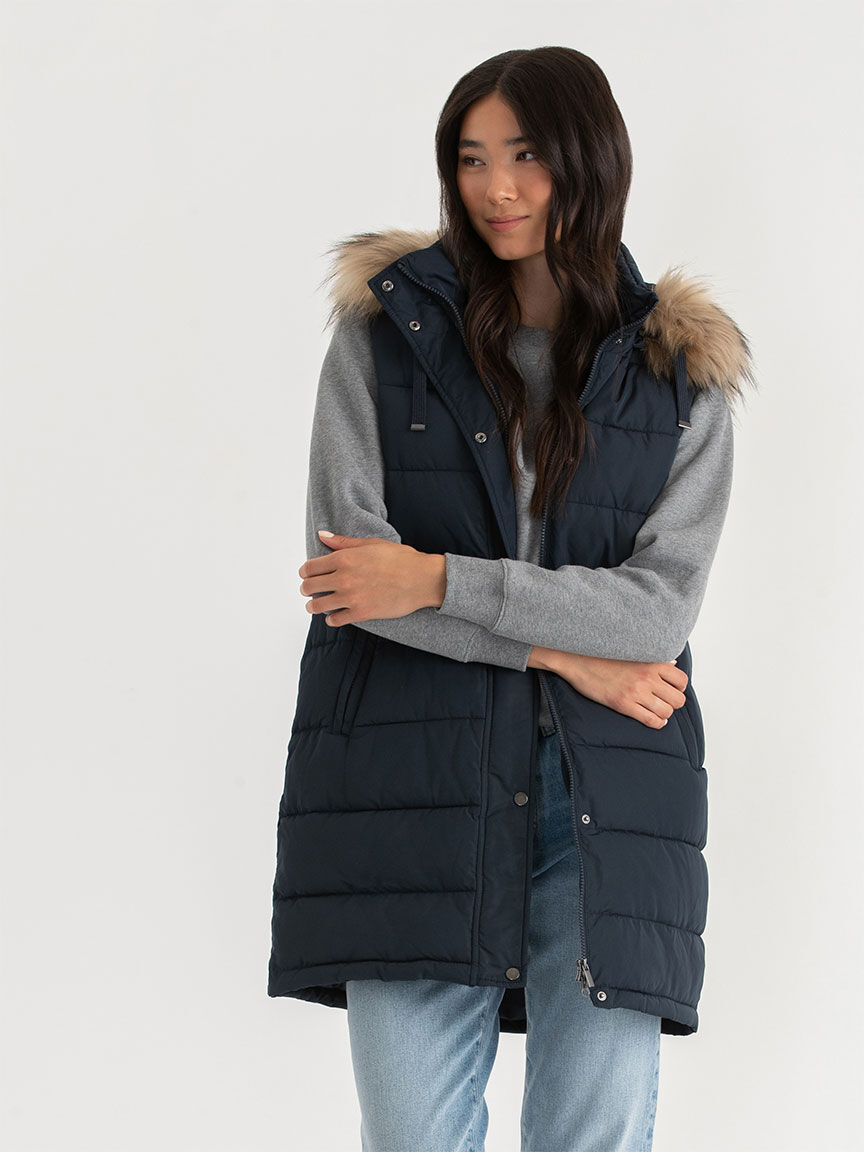 Womens black puffer vest with fur hood cheap