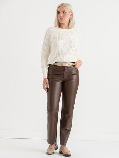 Straight-Leg Faux-Leather Pant, Brown Straight-Leg Faux-Leather Pant, Brown
