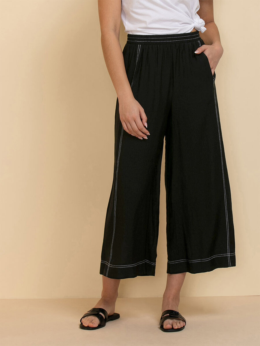Wide Crop Pants with Contrast Stitching