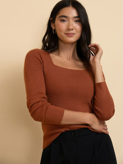 Square Neck Ribbed Sweater, Arabian Spice