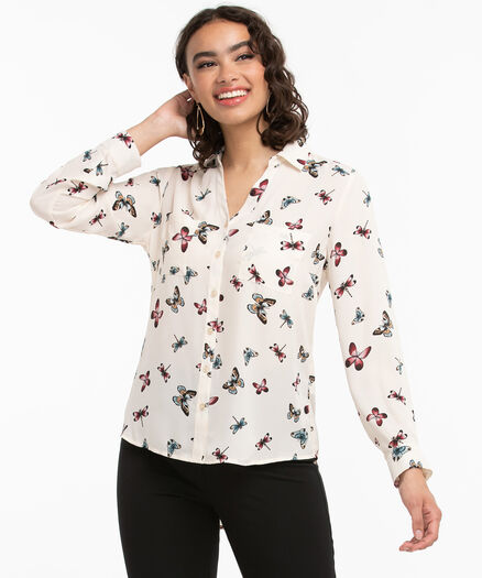 Patterned Collared Shirt, Ivory Butterfly