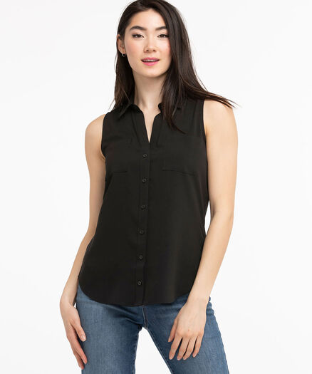 Sleeveless Button Front Collared Shirt, Black