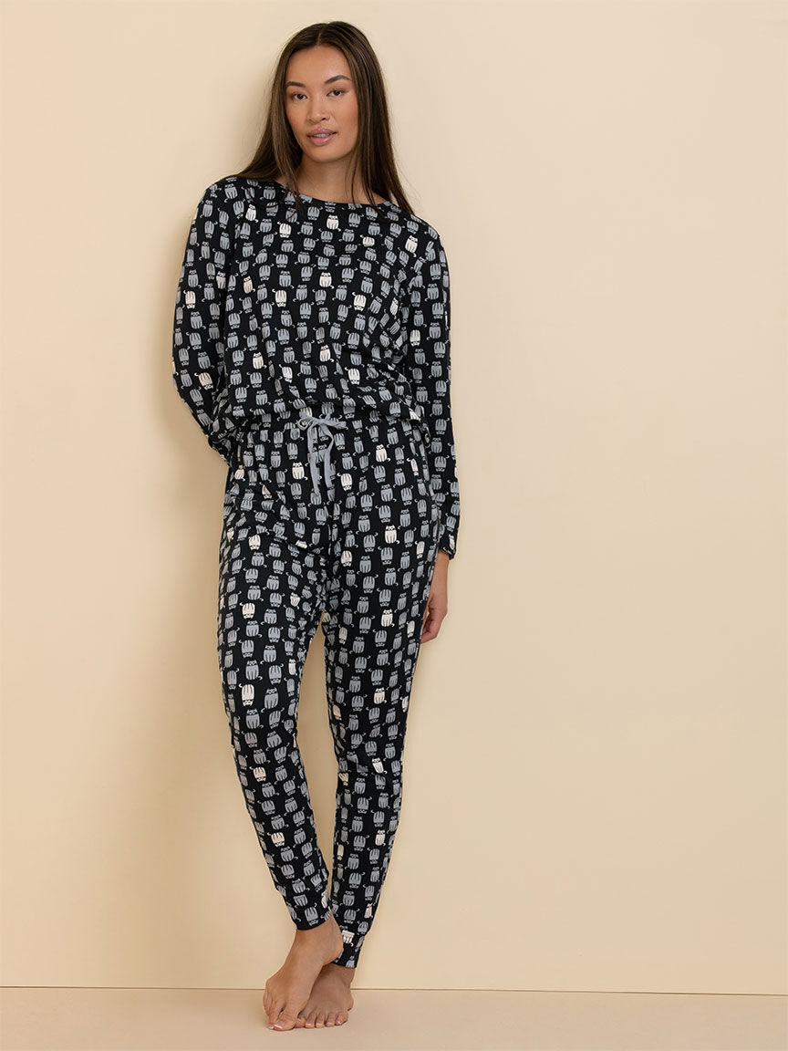 Long Sleeve Cat Print Pajama Set Rickis