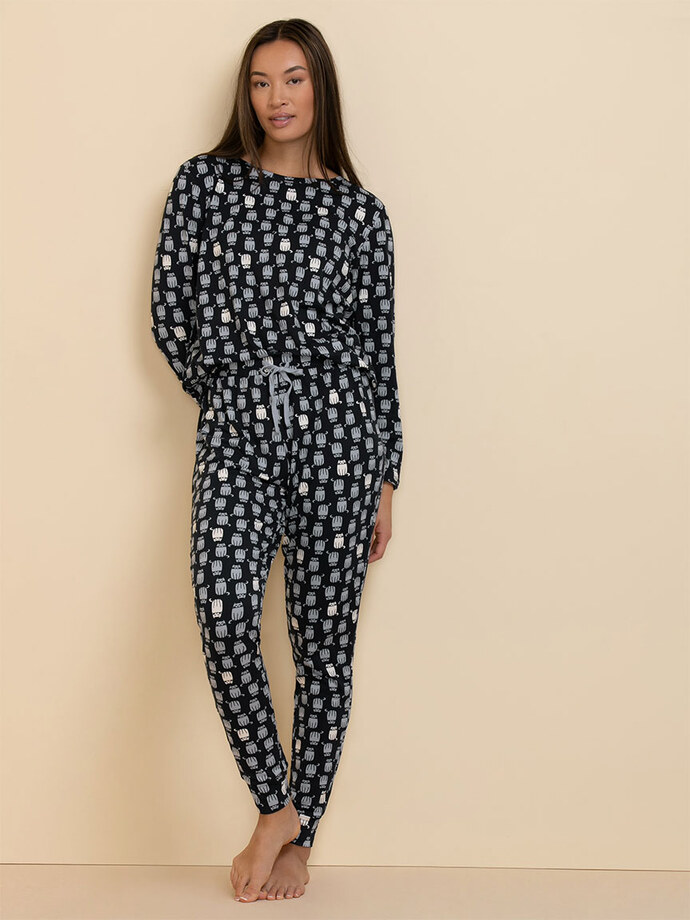 Long Sleeve Cat Print Pajama Set Image 4