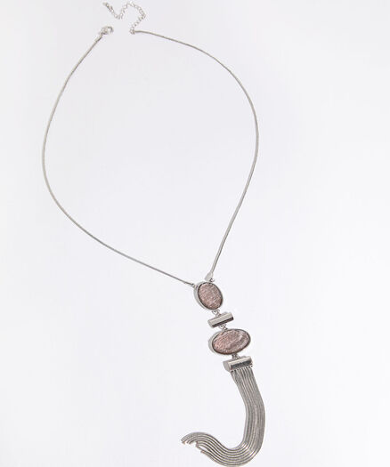 Long Silver Necklace with Epoxy Stone & Tassel Pendant, Silver