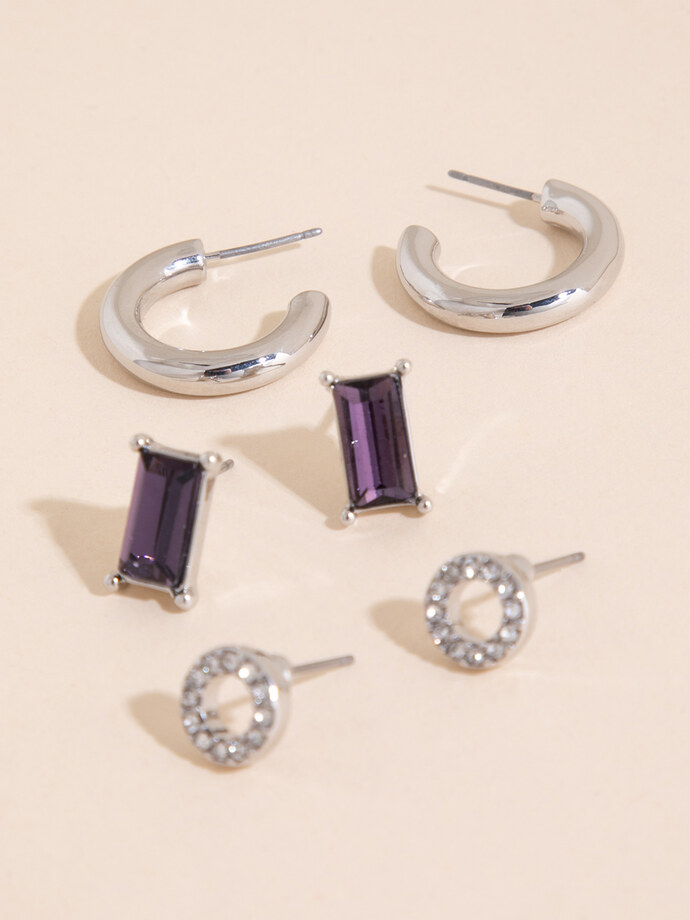 Silver Studded Pave Circle + Emerald Cut + Hoop Earring Trio Image 3