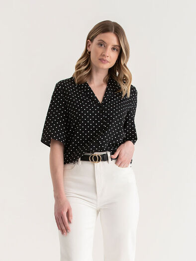 Nicolette Elbow Sleeve Blouse, Black/White Dot Nicolette Elbow Sleeve Blouse, Black/White Dot