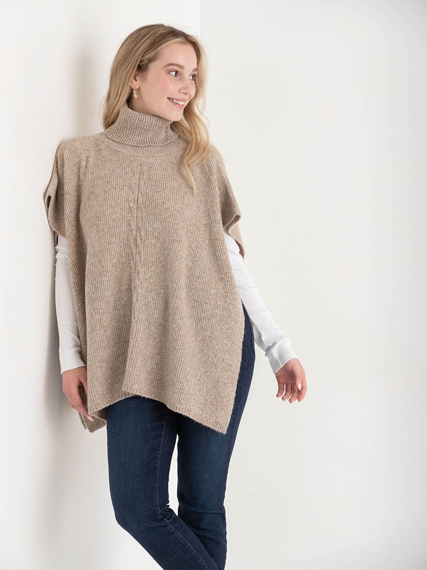 Turtleneck Poncho Sweater with Cable Knit Detail Rickis