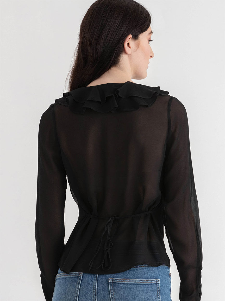 Black ruffle long sleeve shirt shop