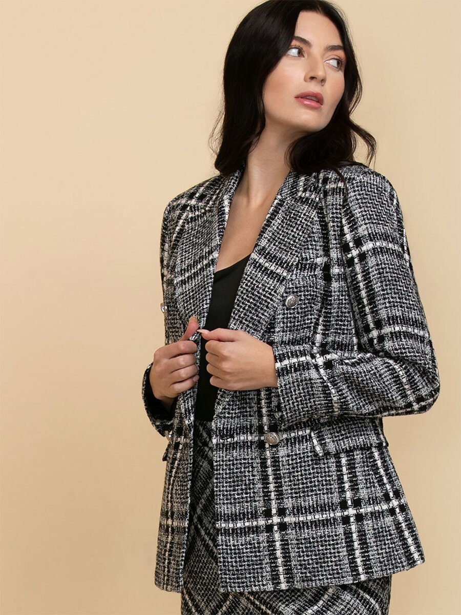 Double Breasted Trophy Blazer in Plaid Boucle