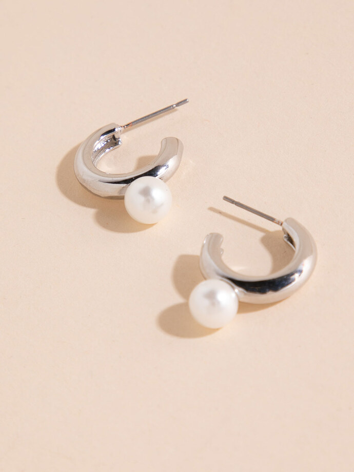 Chunky Mid-Size Silver Hoops with Pearl Earrings Image 1