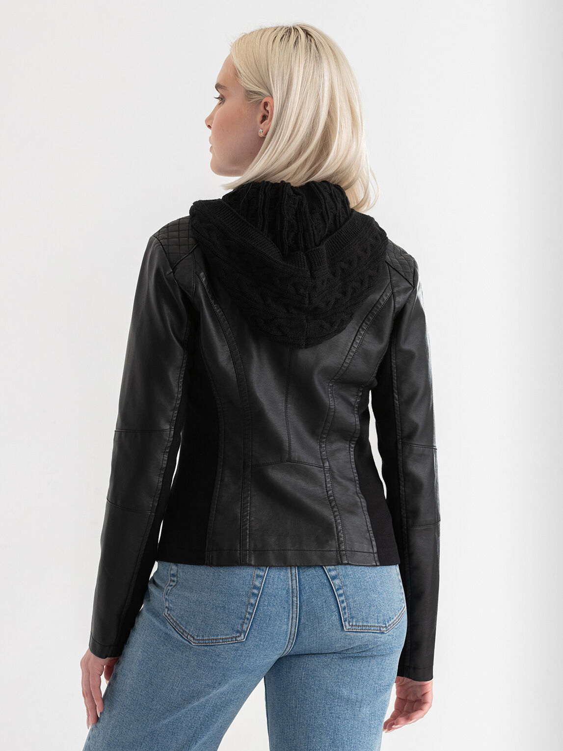 Faux leather jacket hood sale