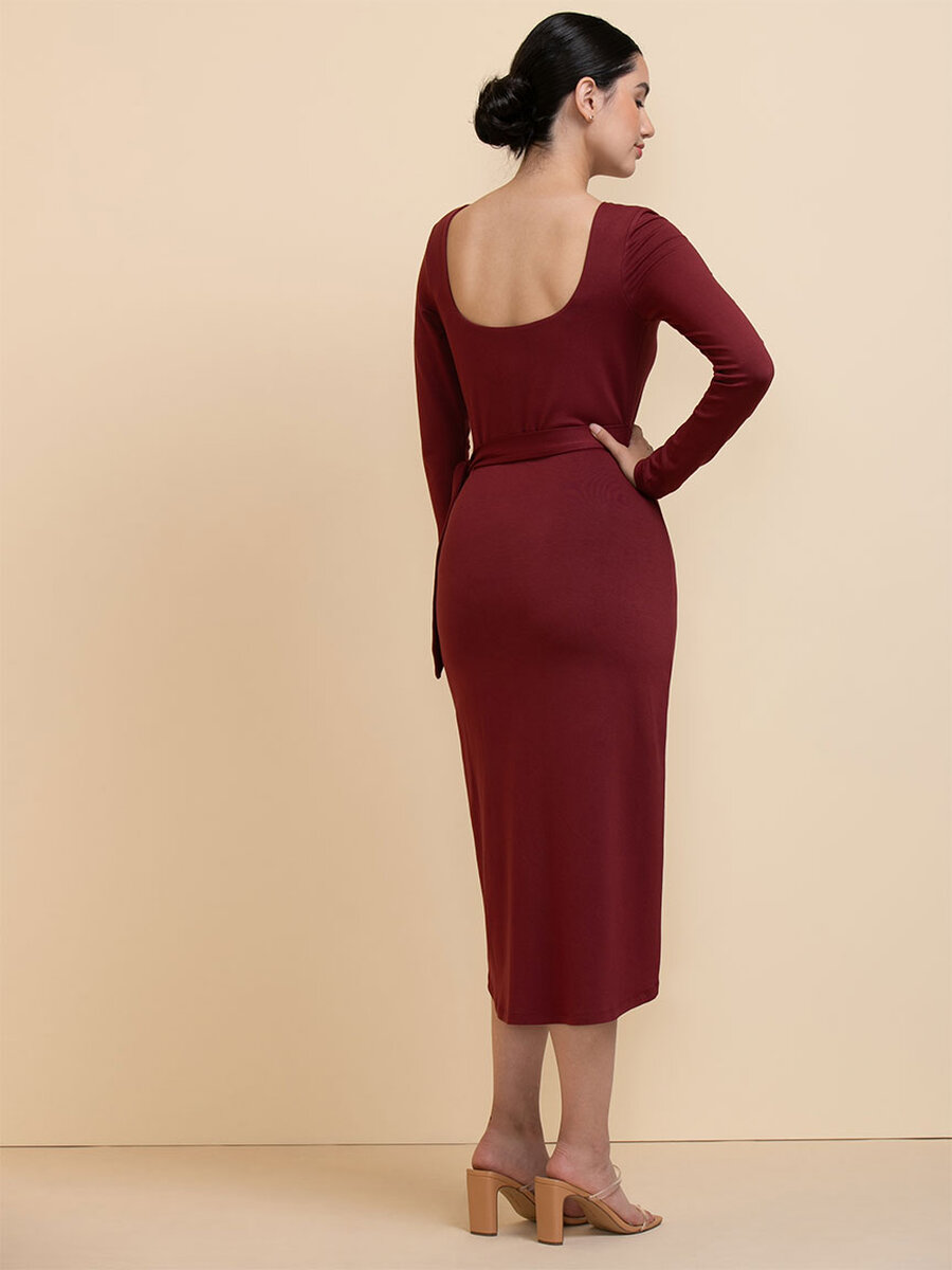 Long Sleeve Square Neck Tie Side Dress