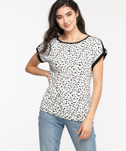 Extended Sleeve Woven Top, White Animal Print