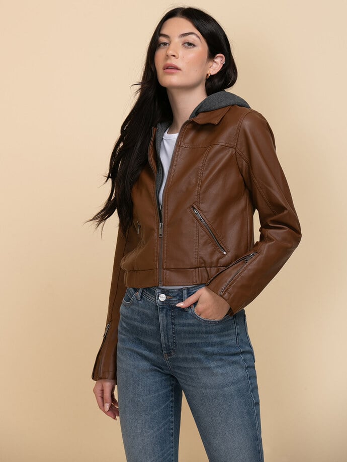 Faux Leather Jacket with Fleece Hood Image 1