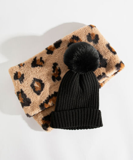 Plush Hat & Scarf Set, Black/Animal