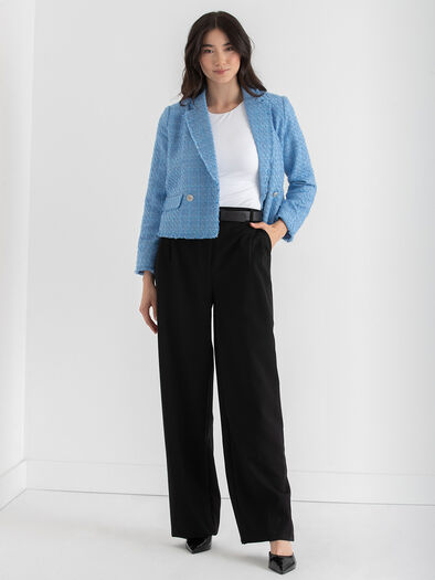 Double Button Cropped Blazer, Blue Boucle Double Button Cropped Blazer, Blue Boucle