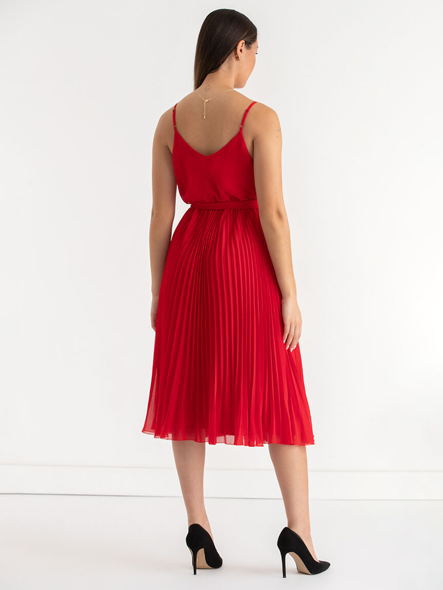 V Neck Pleated Skirt Midi Dress Rickis