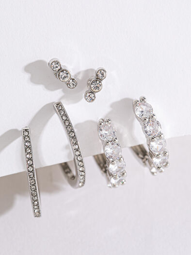 Silver Hoops and Stud Earring Trio, Silver Silver Hoops and Stud Earring Trio, Silver