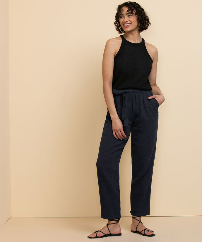 Tapered Crinkle Cotton Pant with Tie-Belt Image 1