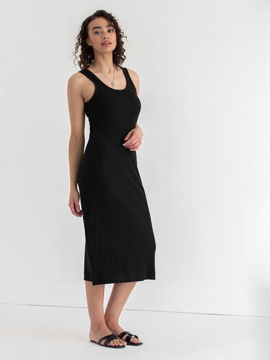 Sleeveless Rib Knit Tank Dress, Black Sleeveless Rib Knit Tank Dress, Black
