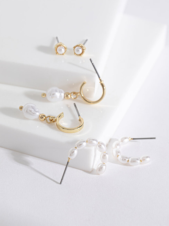 Gold and Pearls Earring Trio Image 3