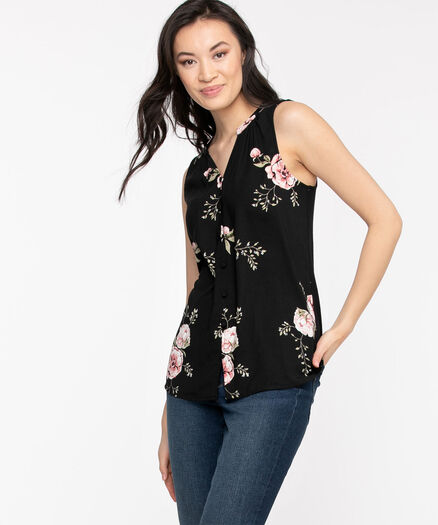 Sleeveless Ruched Button Front Top, Black Floral Print