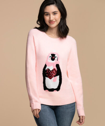 Scoop Neck Penguin Sweater, Soft Pink/Penguin
