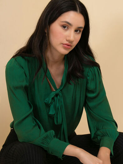 Long Sleeve Bow Front Blouse, Aventurine Long Sleeve Bow Front Blouse, Aventurine