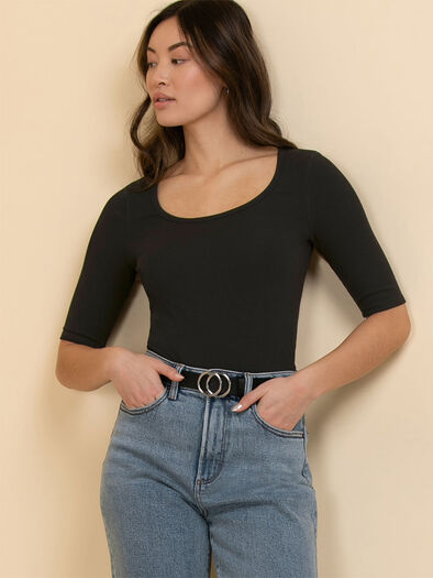 Ribbed Scoop Neck Top with Elbow Sleeves, Black Ribbed Scoop Neck Top with Elbow Sleeves, Black